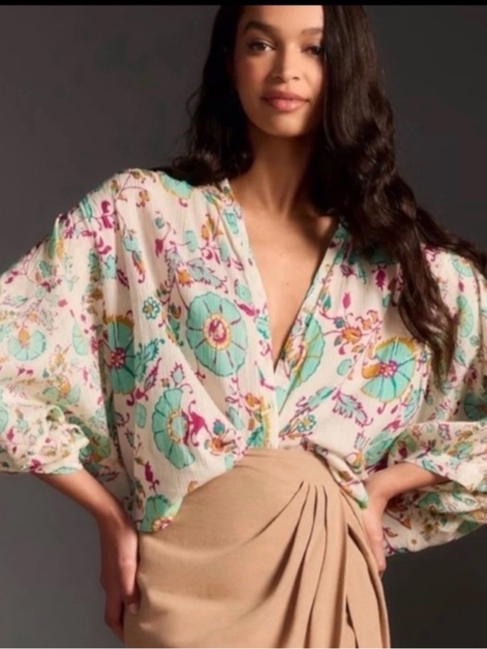Anthropologie Pilcro Cream Button-Down Blouse wi/Mint and Pink Floral Print MED
